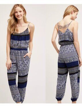 Lilka Darya Paisley Jumpsuit S Blue Boho Sheer Overlay Elastic Cuff Resort Beach